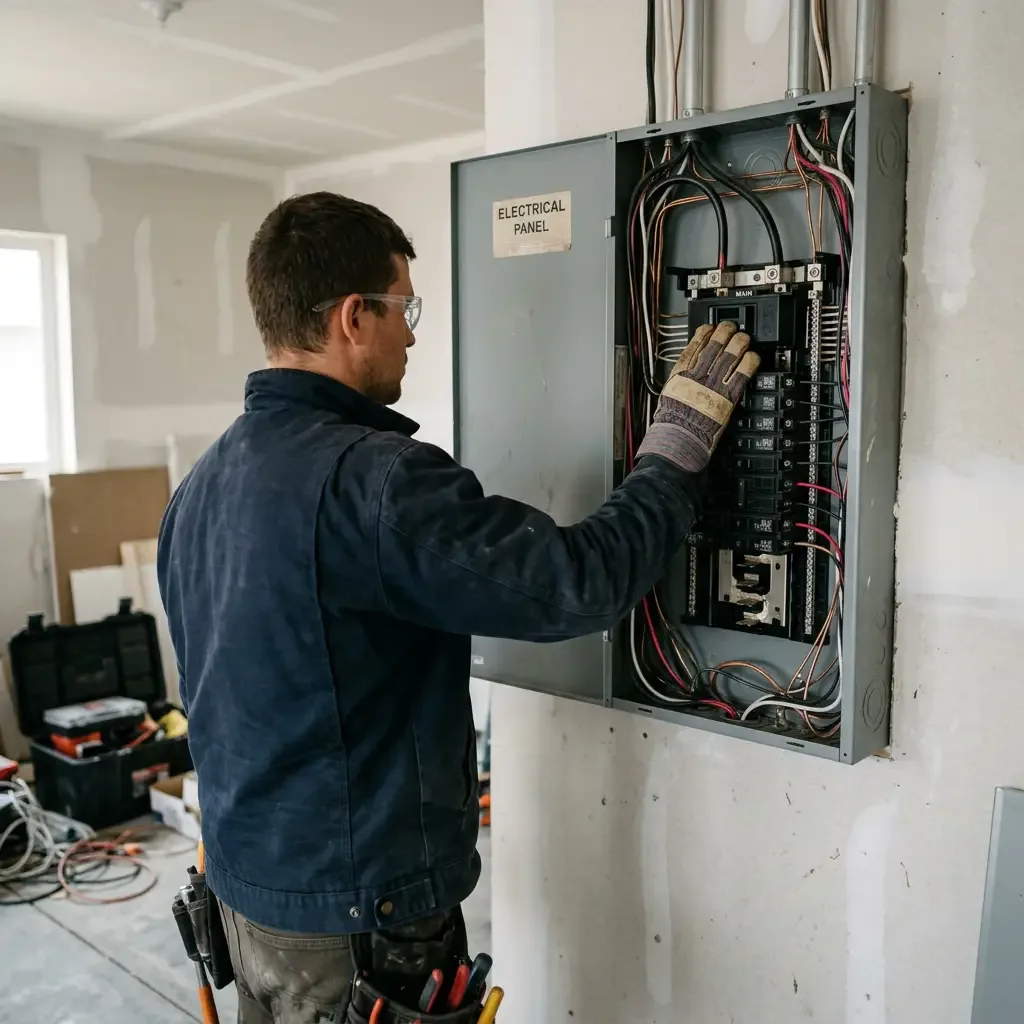 Electrician in safety glasses reviewing a panel before starting work