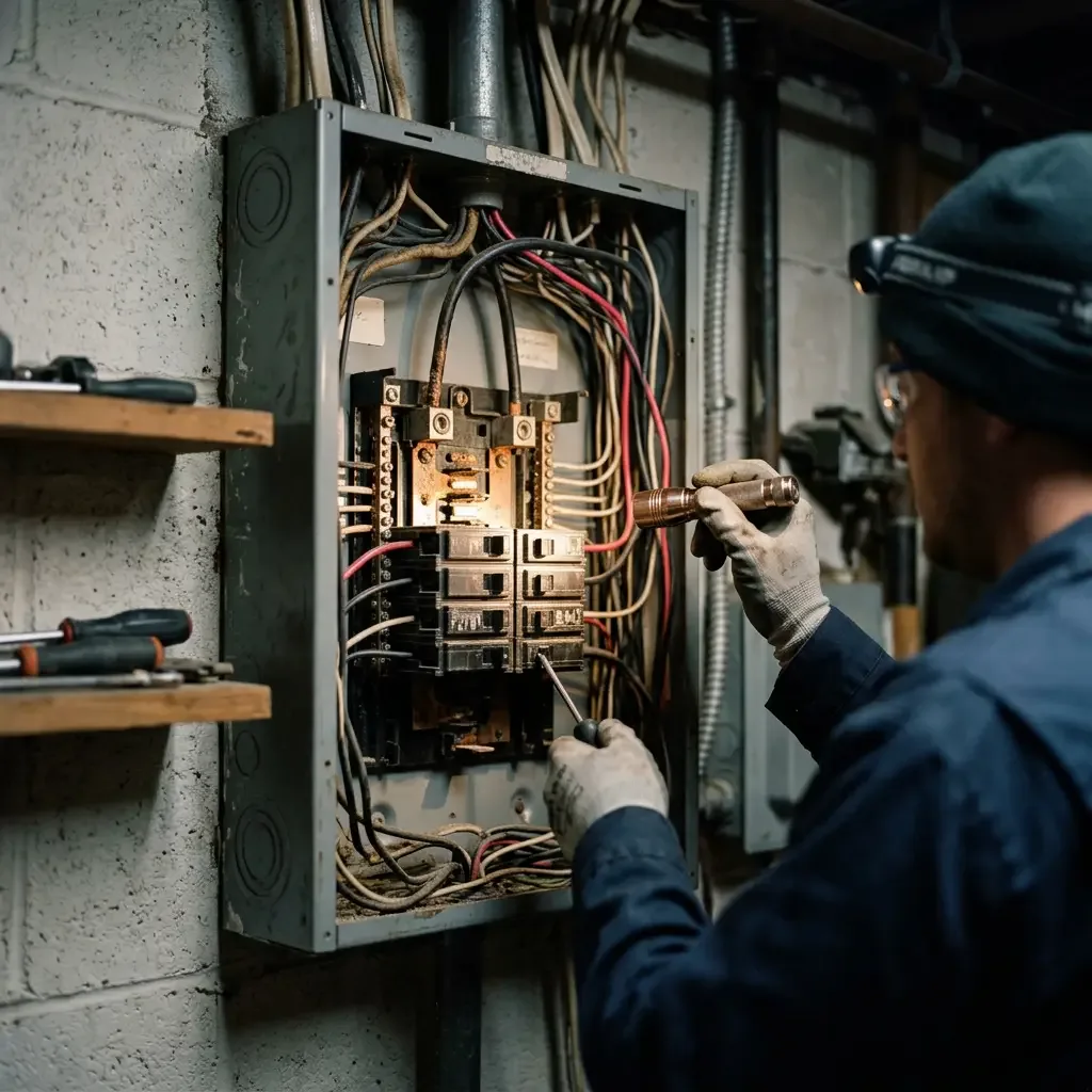 Electrician inspecting an older breaker panel with a flashlight