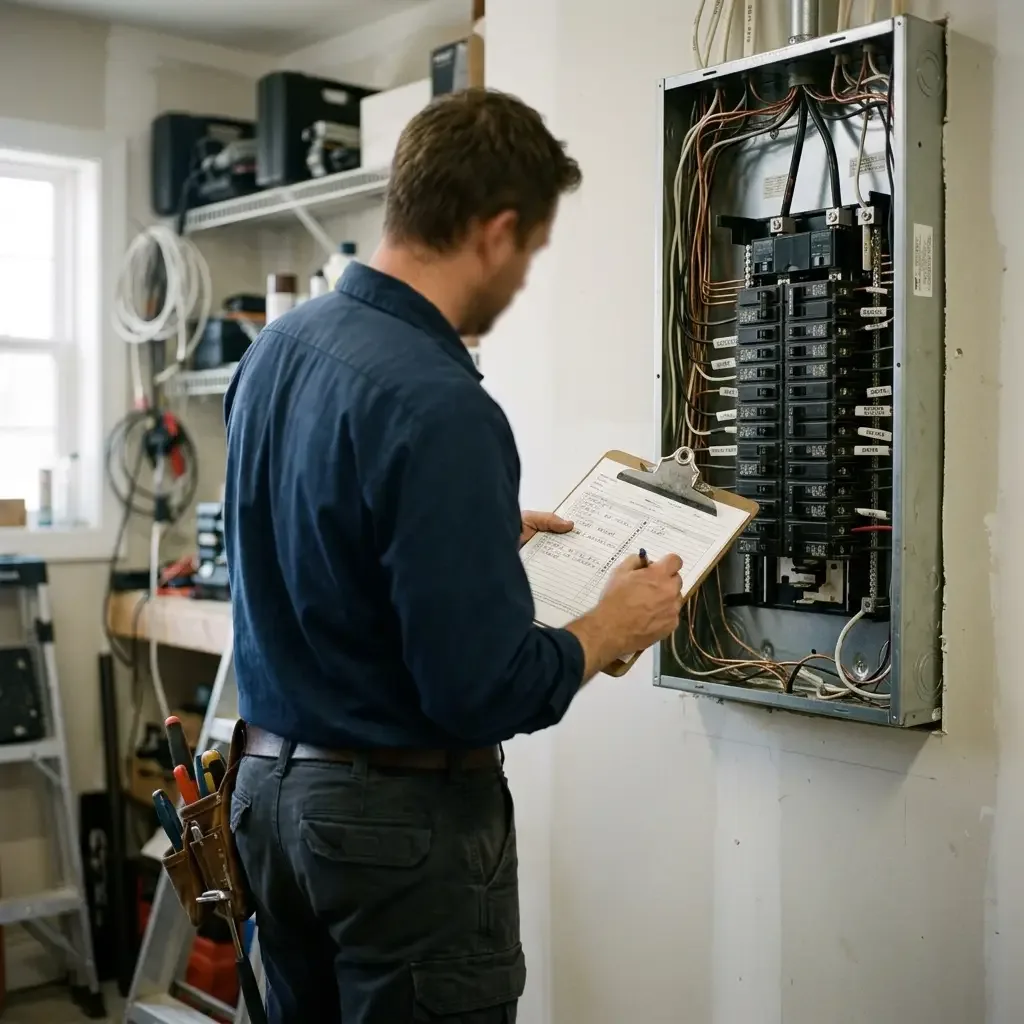 Electrician with a clipboard checking a panel during an inspection visit