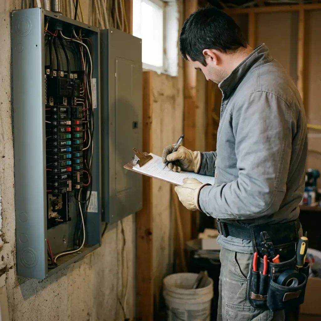 Electrician writing on a clipboard next to an open panel with breakers visible