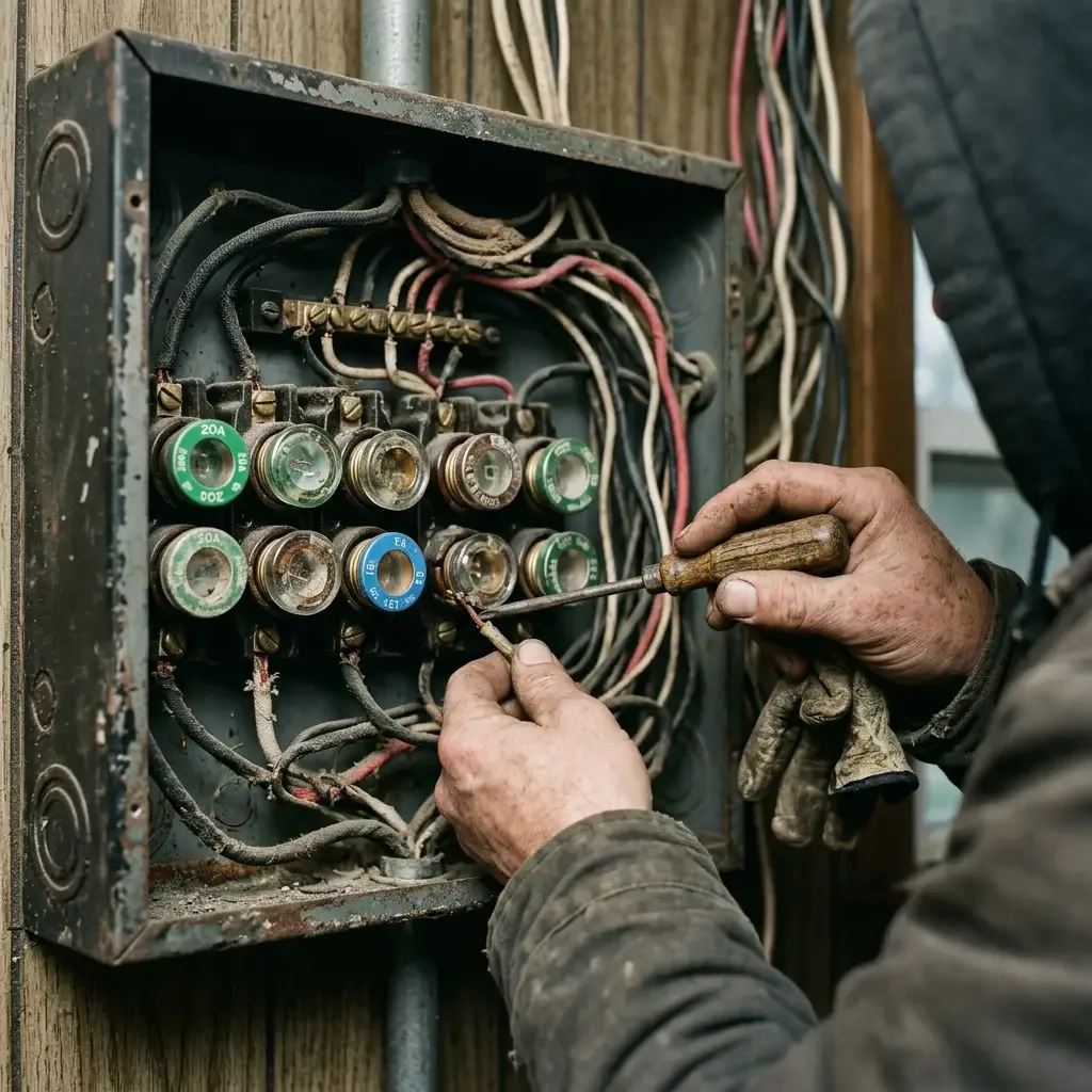 Old round screw-in fuses mounted in a vintage residential fuse panel