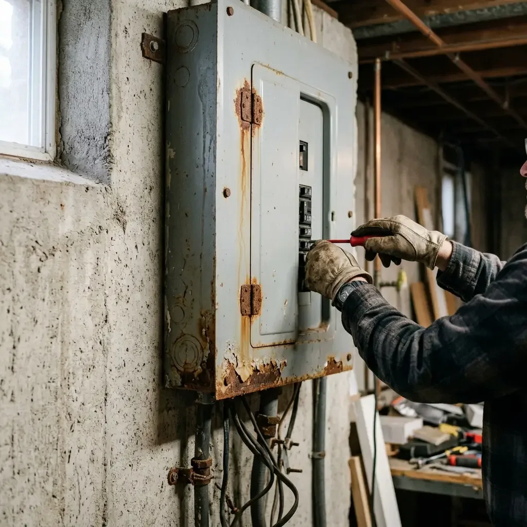 Older breaker panel with visible rust staining around the enclosure door