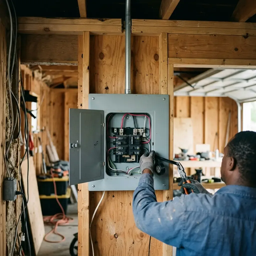 Small subpanel mounted on a garage wall with conduit running to it