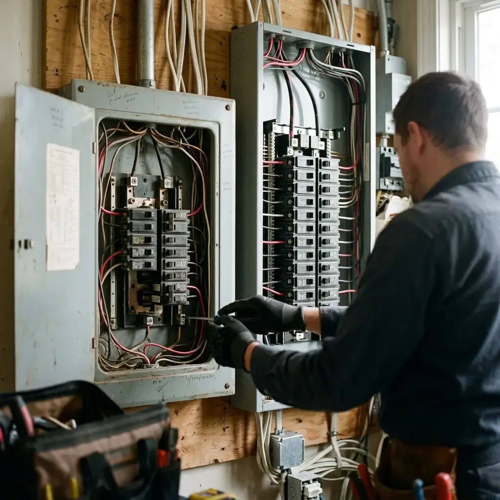 Two open breaker panels side by side showing different breaker counts